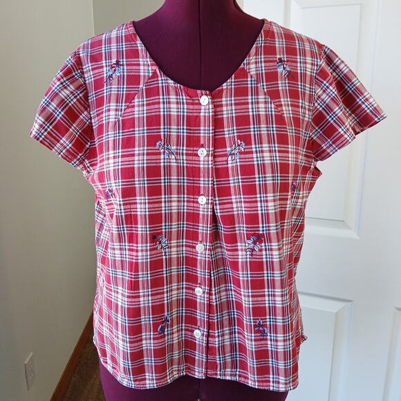 Cascade Blues red plaid embroidered blouse L altered repaired cotton button up - Picture 5 of 15